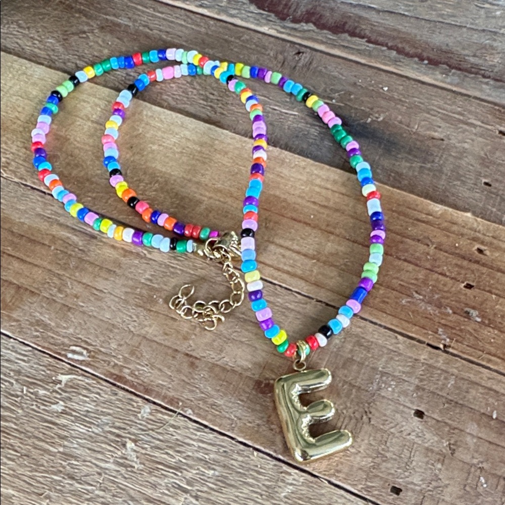 ‘E’ Bubble Initial Necklace • Gold w/Colorful beads. Adjustable, Great layered!